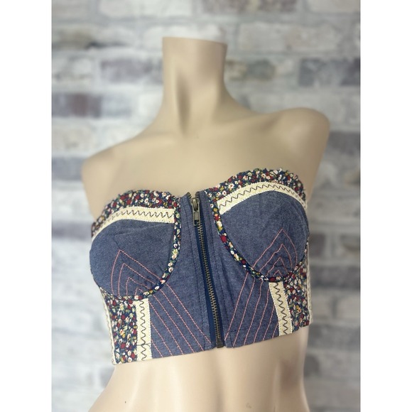 Hot & Delicious Women's Denim Floral Boho Hippie Zip Up Tube‎ Top S - Picture 1 of 10